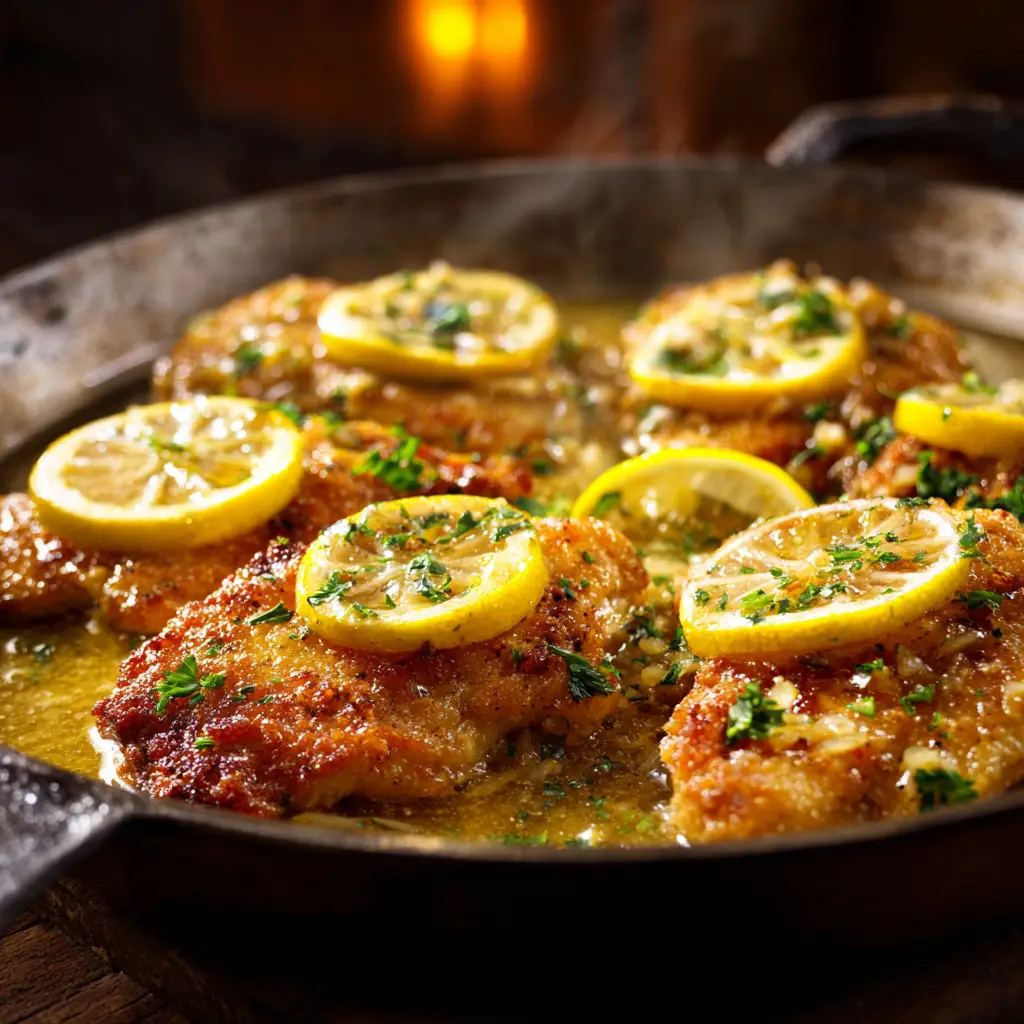 Pan sauce for Chicken Francese being made with lemon, butter, and white wine in a skillet.
