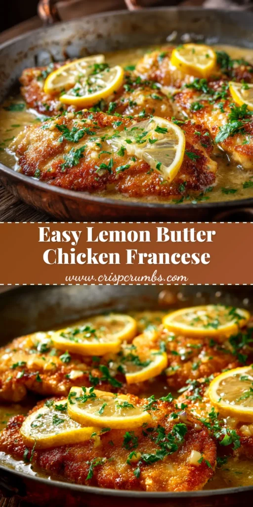 A delicious Chicken Francese Recipe served in a white bowl, garnished with fresh parsley and lemon slices. The chicken has a golden-brown crust and is covered in a light lemon butter sauce.