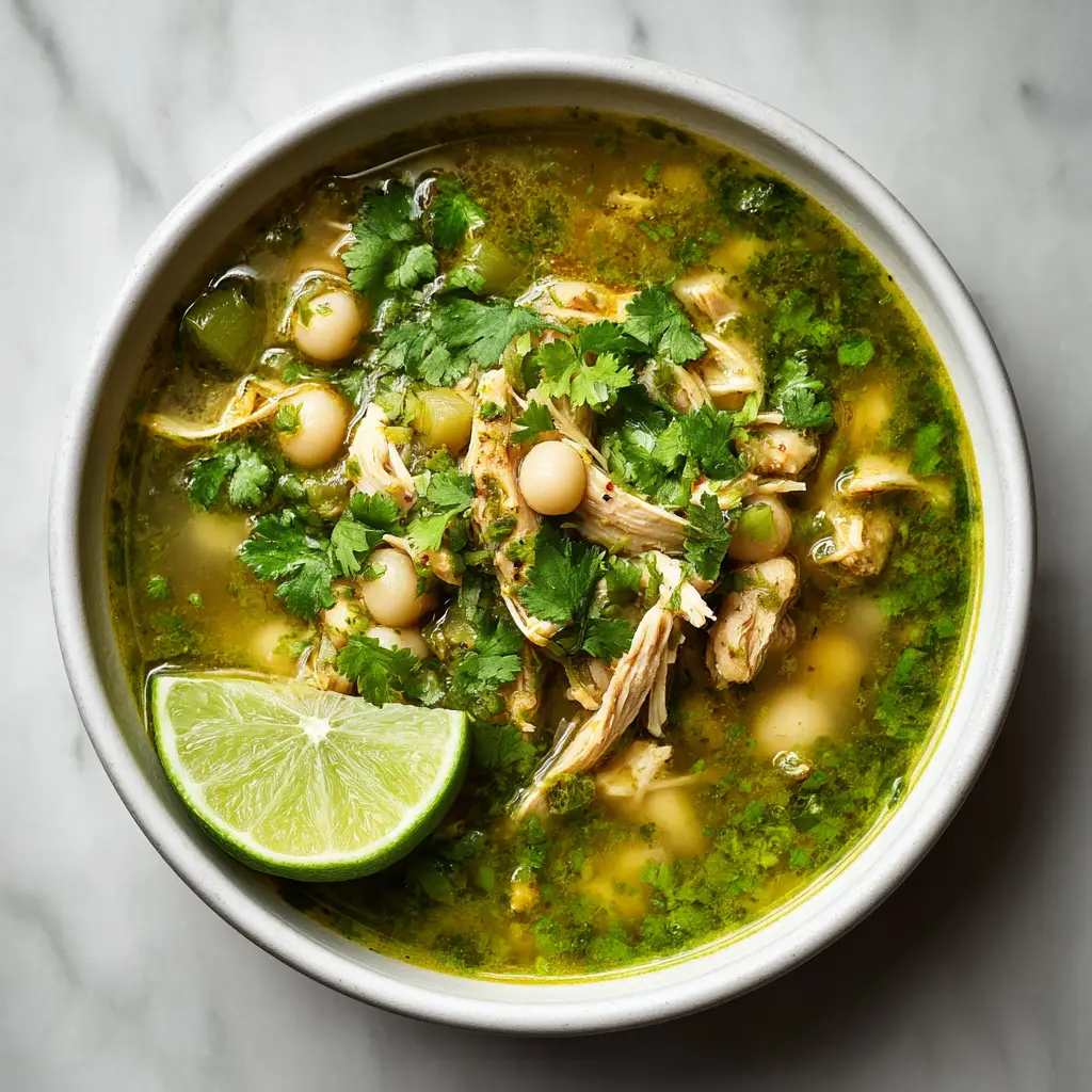 A close-up of the key ingredients for slow cooker posole verde, including chicken, tomatillos, and hominy, arranged before cooking.