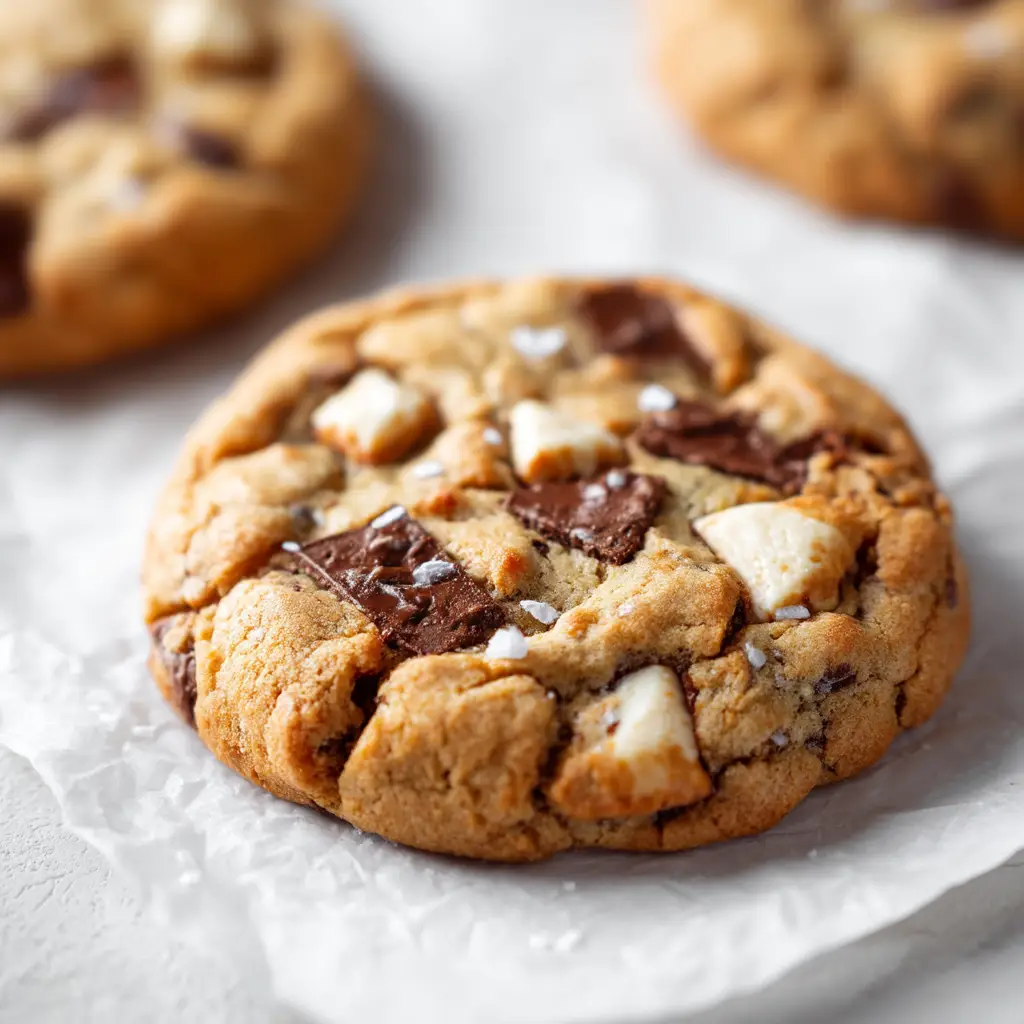 Scoops of chilled chocolate chip cookie dough on a parchment-lined baking sheet, ready to be baked into thick cookies.