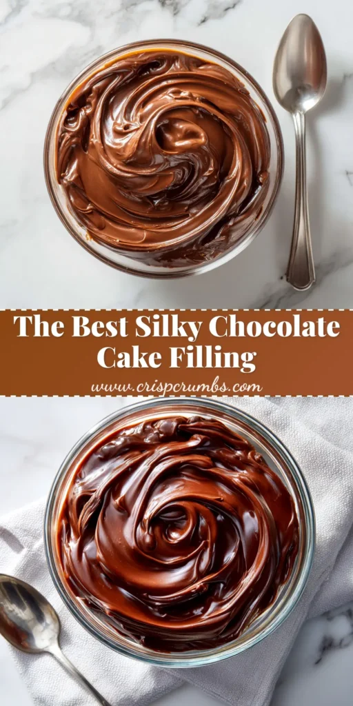 A rich and creamy chocolate cake filling recipe in a bowl, ready to be spread on a layer cake. The filling is dark, glossy, and perfectly smooth.