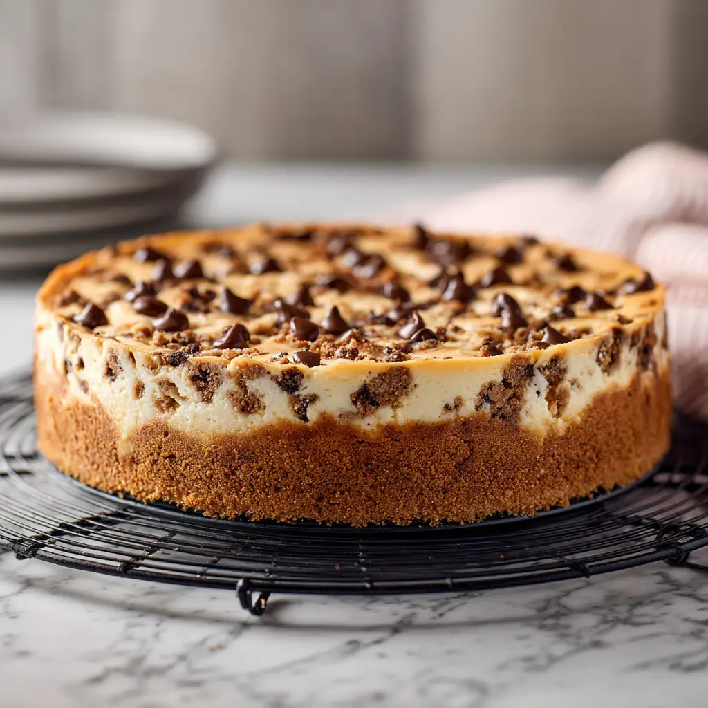 An overhead view of the finished chocolate chip cookie dough cheesecake, showcasing the texture of the cookie dough topping.