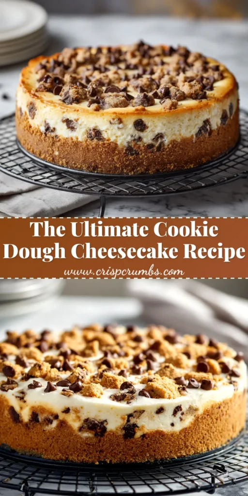 A slice of decadent chocolate chip cookie dough cheesecake on a white plate, showcasing its creamy texture and cookie dough topping.