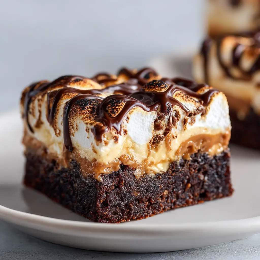 A stack of three chocolate peanut butter marshmallow bars, showing the gooey texture and distinct layers. A glass of milk is in the background.