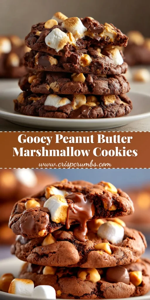 A stack of homemade Chocolate Peanut Butter Marshmallow Cookies on a plate, showing gooey melted marshmallow and chocolate chips.