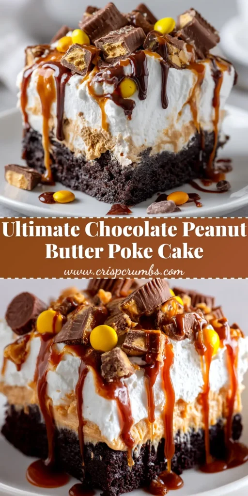 A top-down view of a full 9x13 Chocolate Peanut Butter Poke Cake, generously topped with whipped cream, drizzled chocolate, and chopped peanut butter cups.