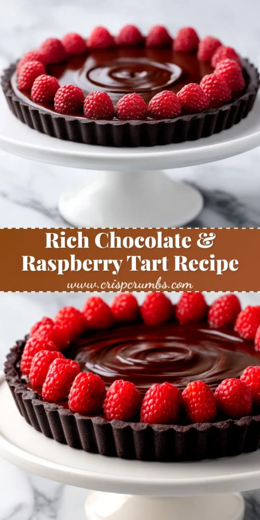 An overhead shot of a complete Chocolate Raspberry Tart Recipe, beautifully decorated with fresh raspberries and a dusting of cocoa powder, ready to be shared.