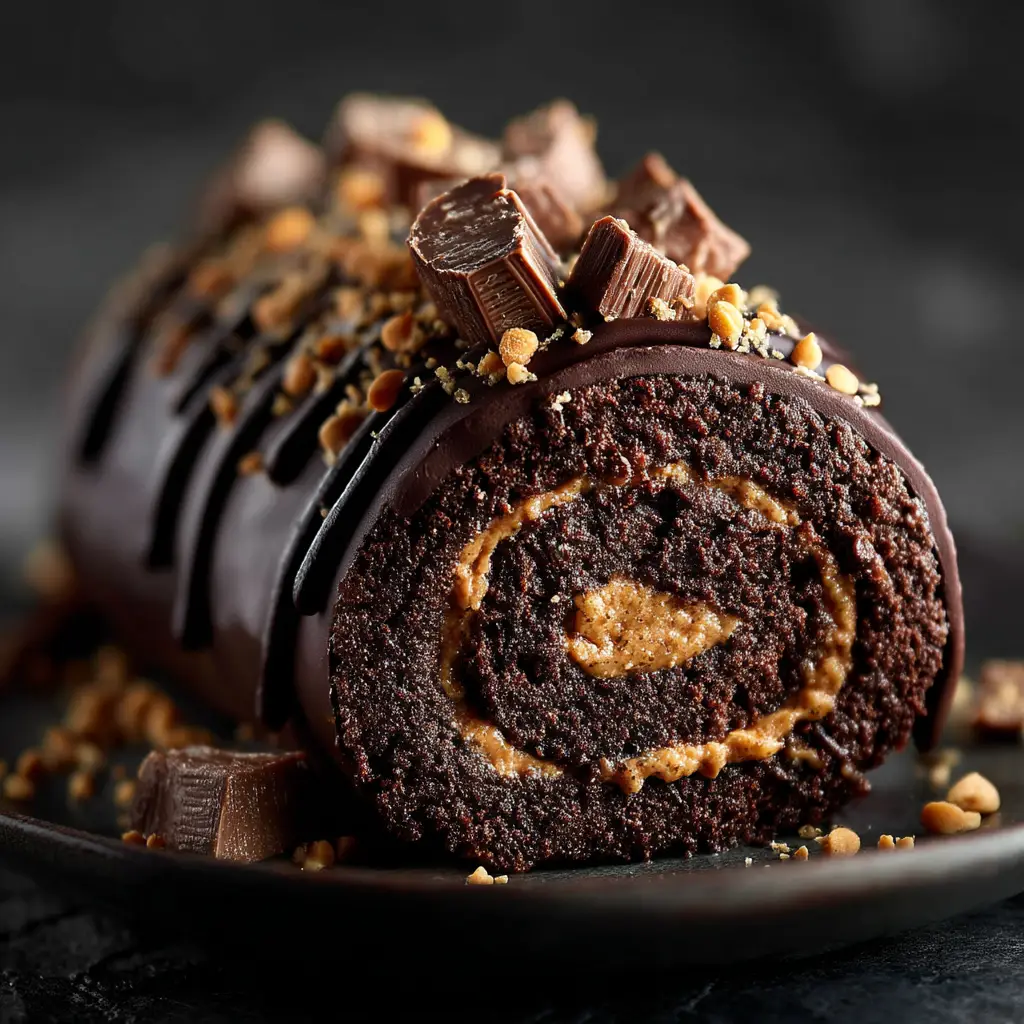 The process of spreading the creamy peanut butter filling over the unrolled chocolate cake base.