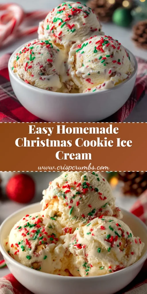A festive scoop of no-churn Christmas Cookie Ice Cream in a bowl, garnished with sprinkles and a holiday cookie.