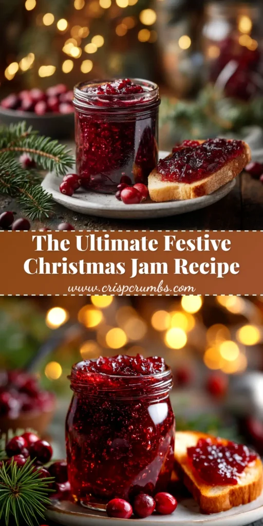 A festive vertical pin image showing jars of homemade Christmas jam recipe, with text overlay reading 'Easy Christmas Jam Recipe'.