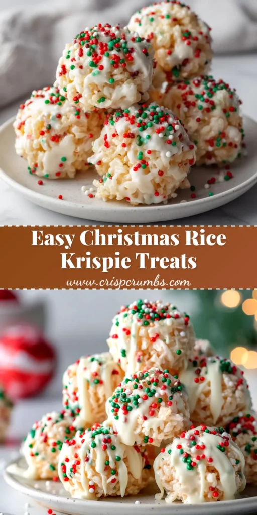 A platter of festive Christmas Rice Krispie Treats cut into squares. The treats are green with red and white holiday sprinkles on top.