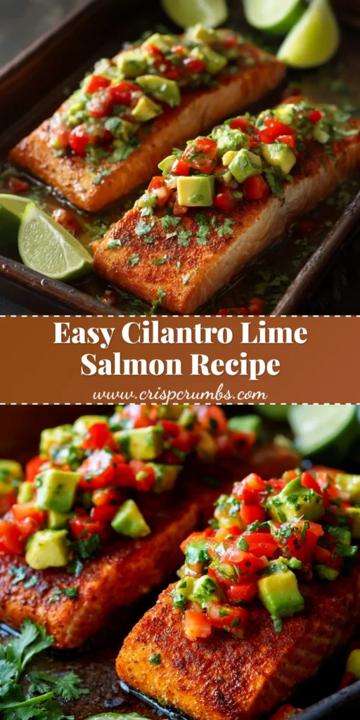 A perfectly cooked Cilantro Lime Salmon fillet on a plate, garnished with fresh cilantro and a lime wedge. The salmon is flaky and has a beautiful golden-brown crust.