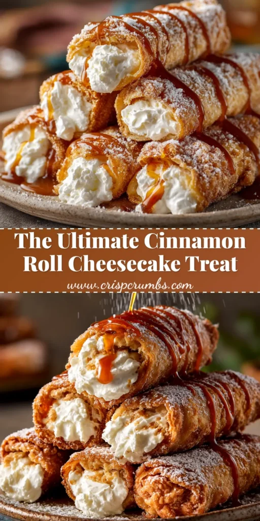 A stack of crispy, golden-brown Cinnamon Roll Cheesecake Chimichangas coated in cinnamon sugar, with one cut open to show the creamy cheesecake filling.