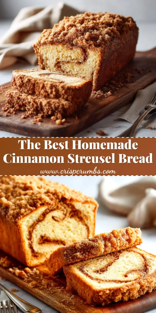 A beautiful hero shot of a freshly baked cinnamon streusel bread loaf on a wooden board, with a thick, crumbly topping and a few slices cut to show the cinnamon swirl inside.