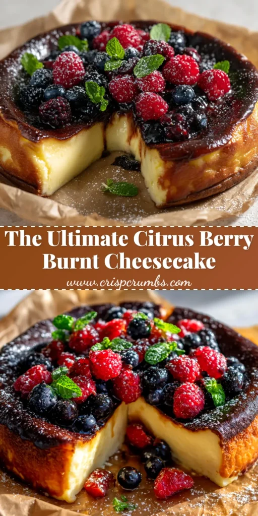 A pin-style image of a slice of Citrus Berry Burnt Cheesecake on a plate, showcasing its creamy interior and caramelized top, with text overlay.