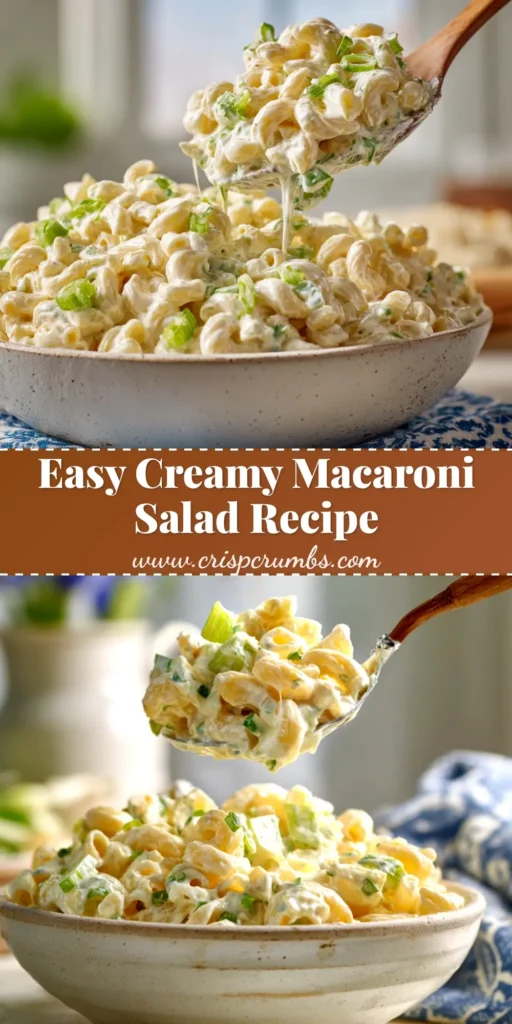 A large white bowl filled with a classic macaroni salad recipe, showing creamy dressing, elbow pasta, and flecks of red pepper and celery.