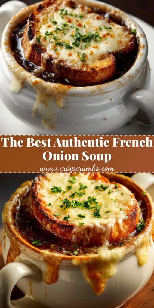 A close-up of a crock of classic French Onion Soup, with a thick layer of golden-brown broiled Gruyère cheese covering a toasted baguette slice. The rich, dark broth is visible in the background.