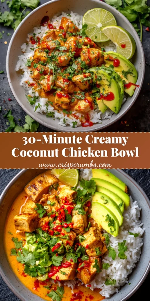 An overhead shot of a delicious Coconut Chicken Rice Bowl, with creamy chicken and white rice in a white bowl, garnished with fresh cilantro and sesame seeds.