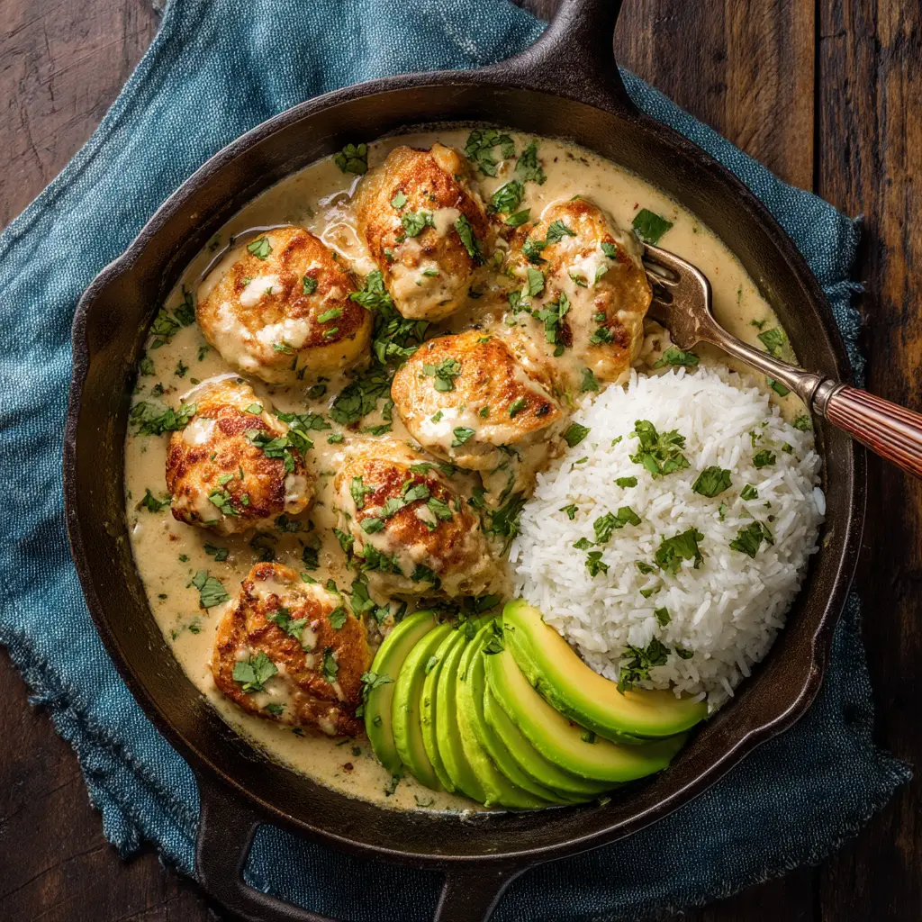 A final plated shot of the coconut curry chicken served over jasmine rice in a rustic bowl, ready to be eaten.