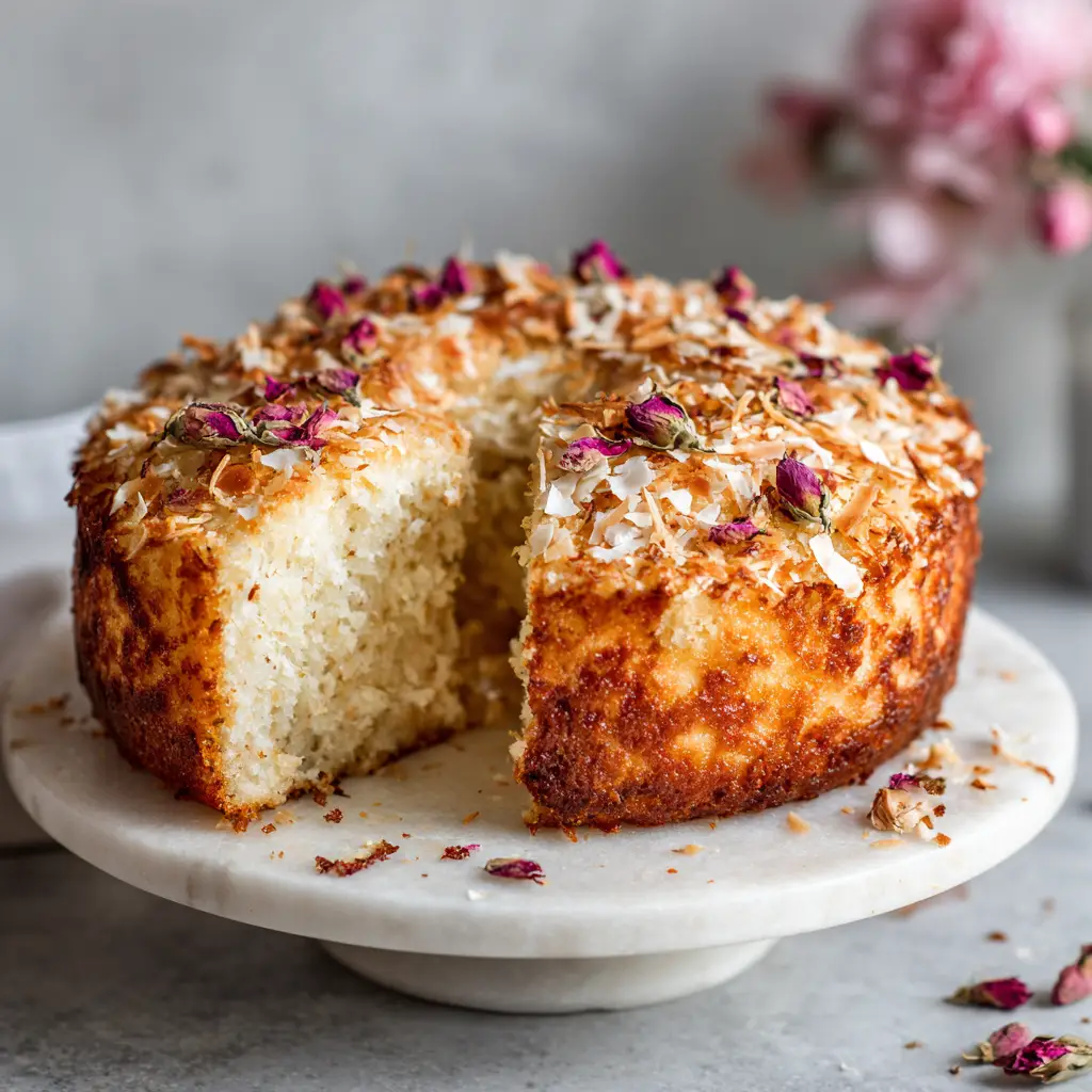 A close-up overhead shot of the coconut ricotta cake batter being mixed in a bowl, showing the creamy texture of the ricotta and flakes of coconut.