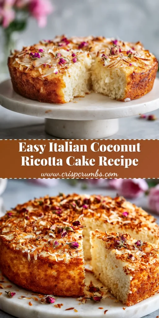 A beautiful slice of moist coconut ricotta cake on a white plate, showing a tender crumb and toasted coconut on top. The perfect easy dessert recipe.