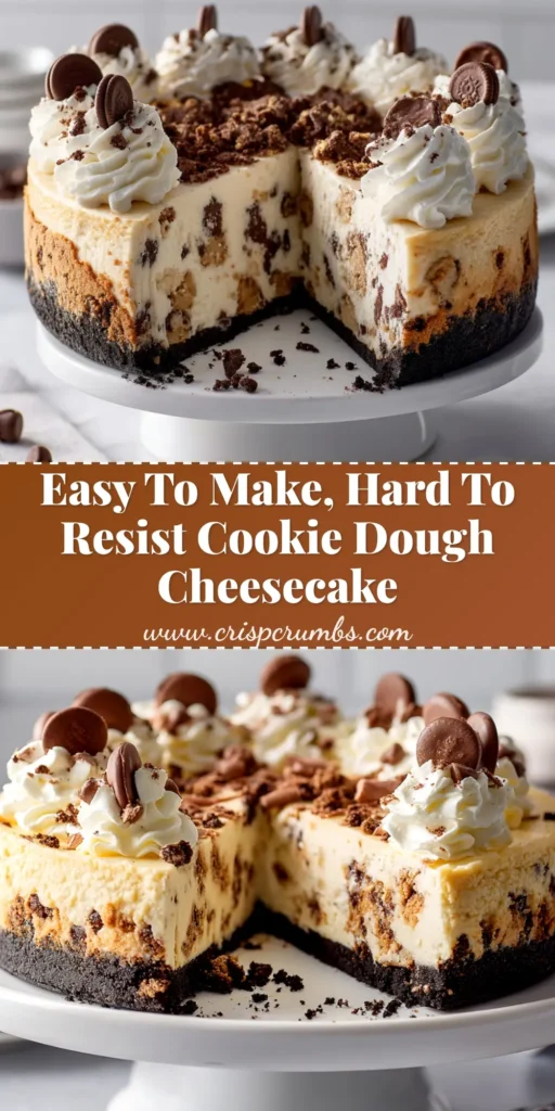 A perfect slice of cookie dough cheesecake on a white plate, showing the creamy texture and chunks of chocolate chip cookie dough.