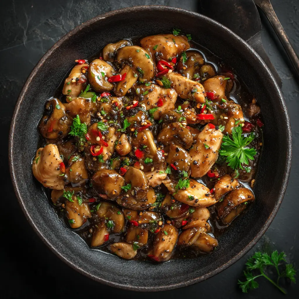 A step-by-step process shot showing the Black Pepper Chicken stir-fry cooking in a wok with fresh vegetables and savory sauce.