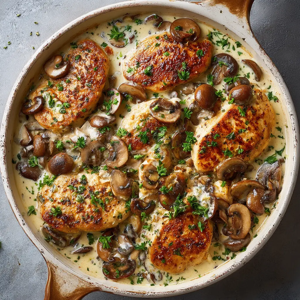 A pan of chicken breasts being seared to golden-brown perfection before making the easy Boursin chicken sauce.