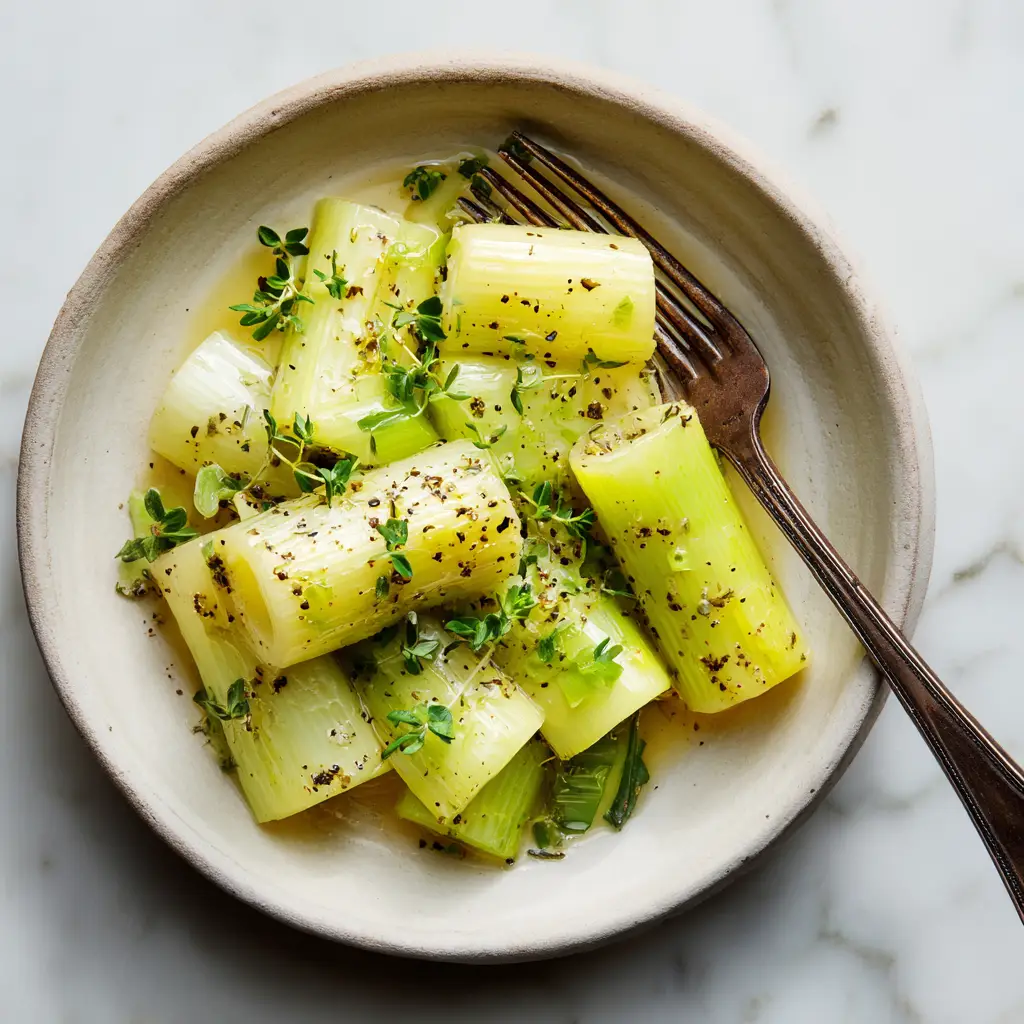 A skillet on a stovetop filled with sliced leeks being sautéed in melted butter until tender and lightly golden.