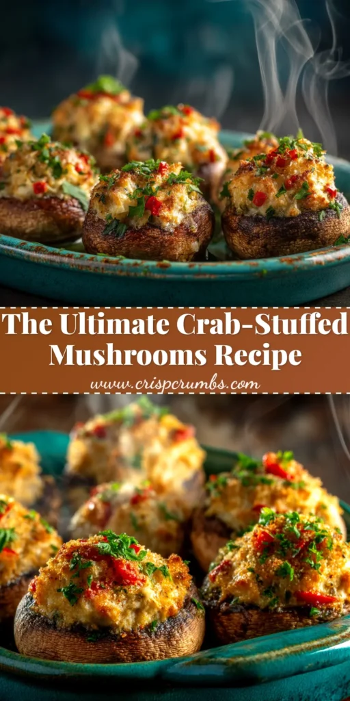 A platter of perfectly baked crab-stuffed mushrooms, showcasing a golden-brown cheesy topping and a creamy crab filling. The ultimate party appetizer.