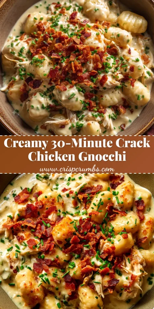 A skillet of creamy Crack Chicken Gnocchi topped with crispy bacon and fresh green onions, with a serving on a white plate.