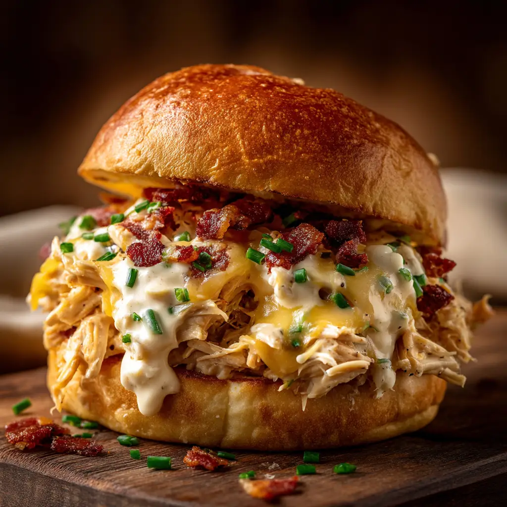 A crack chicken sandwich on a brioche bun, held up to show the generous amount of shredded chicken filling inside.