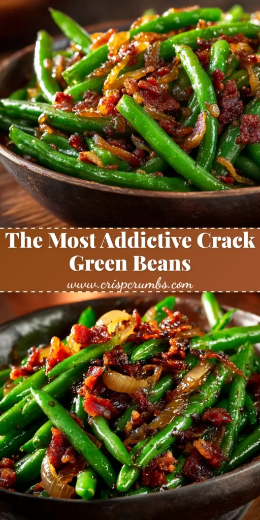 A top-down view of a white serving platter filled with addictive Crack Green Beans, showing caramelized bacon and a shiny glaze.