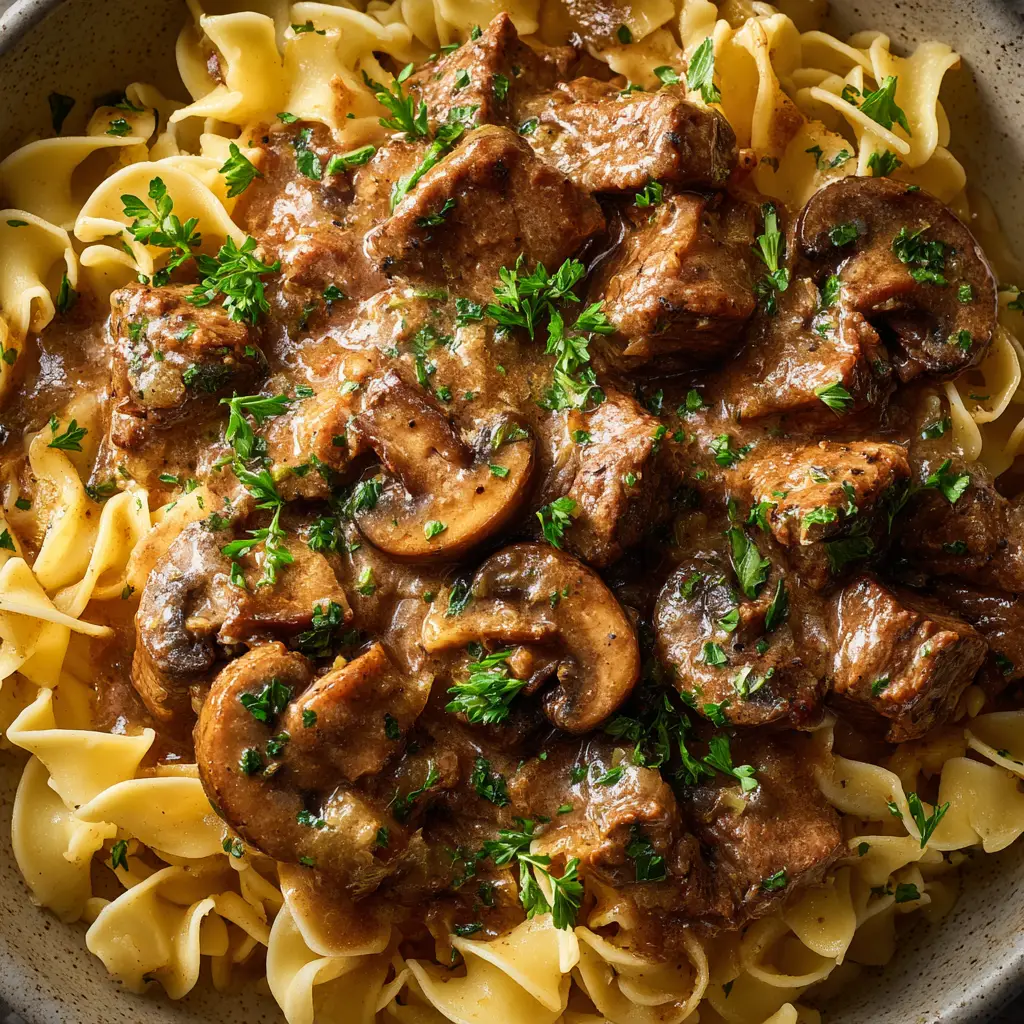 An extreme close-up of creamy beef stroganoff in a skillet, showing the tender beef and mushroom sauce. This photo highlights the texture of the classic stroganoff sauce.