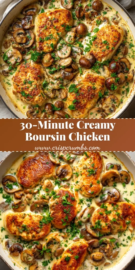 A skillet of creamy Boursin chicken with a golden-brown crust, smothered in a rich herb and garlic sauce, ready to be served. A perfect 30-minute meal.