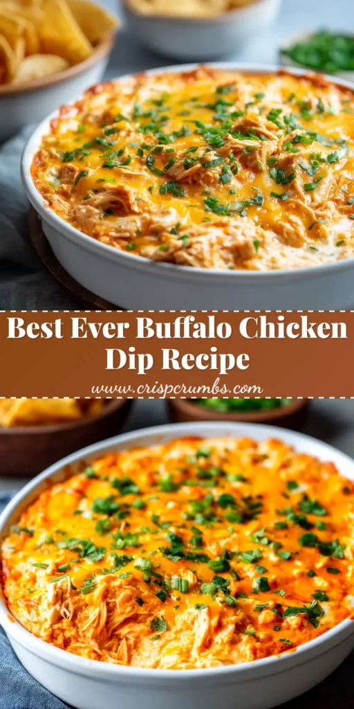 A sharable pin image showing a baking dish full of creamy, cheesy Buffalo Chicken Dip, with text overlay for Pinterest.