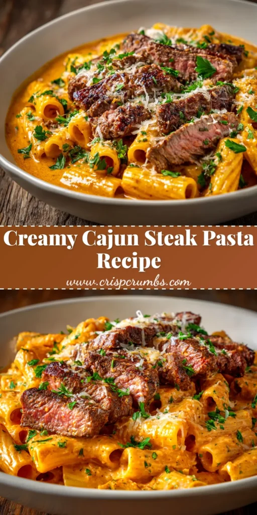 An overhead shot of a white bowl filled with creamy Cajun Steak Pasta, garnished with fresh parsley. The pasta is tossed with seared steak pieces and a vibrant orange cream sauce.