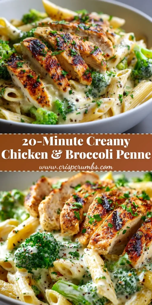 A top-down view of a white bowl filled with Creamy Chicken and Broccoli Penne, garnished with fresh parsley. The perfect easy weeknight dinner idea.