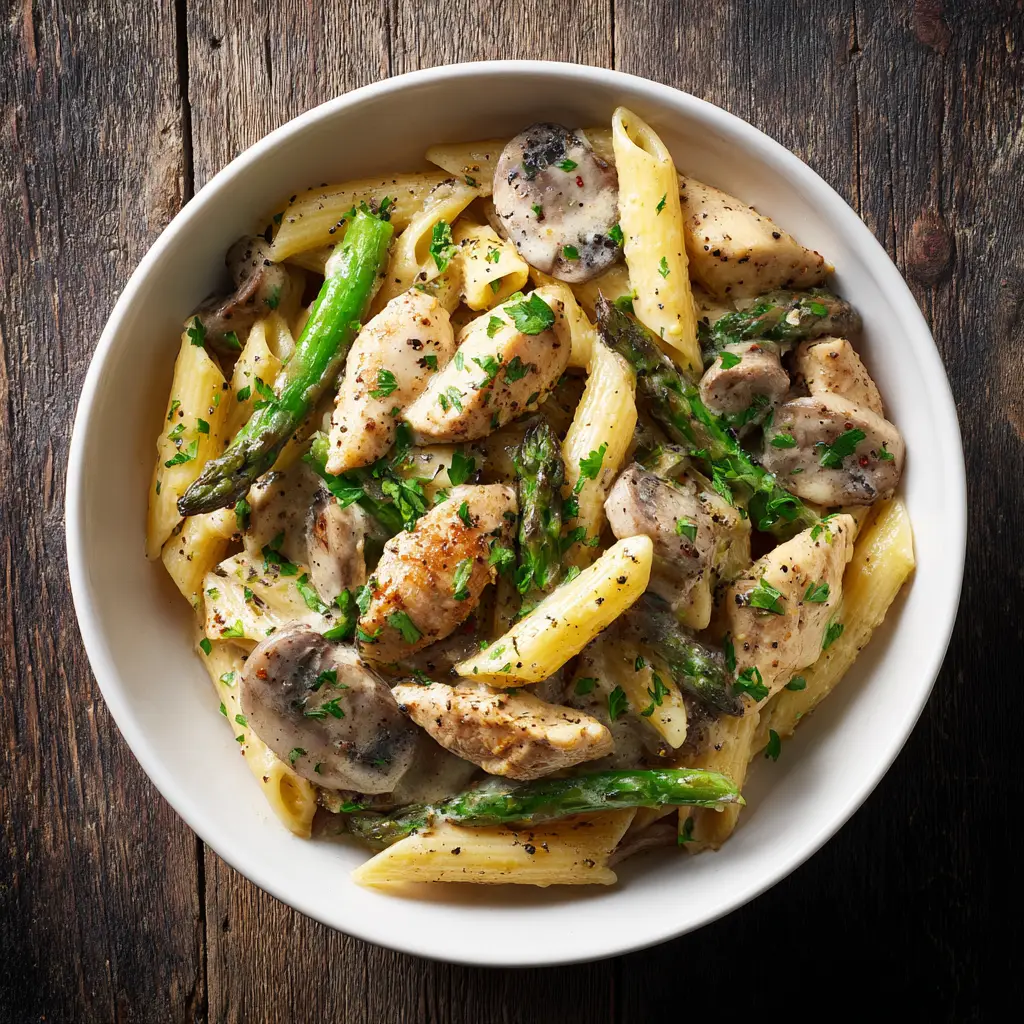 A serving of creamy chicken penne being twirled on a fork, lifted from a white bowl to showcase the creamy texture and tender pieces of chicken.