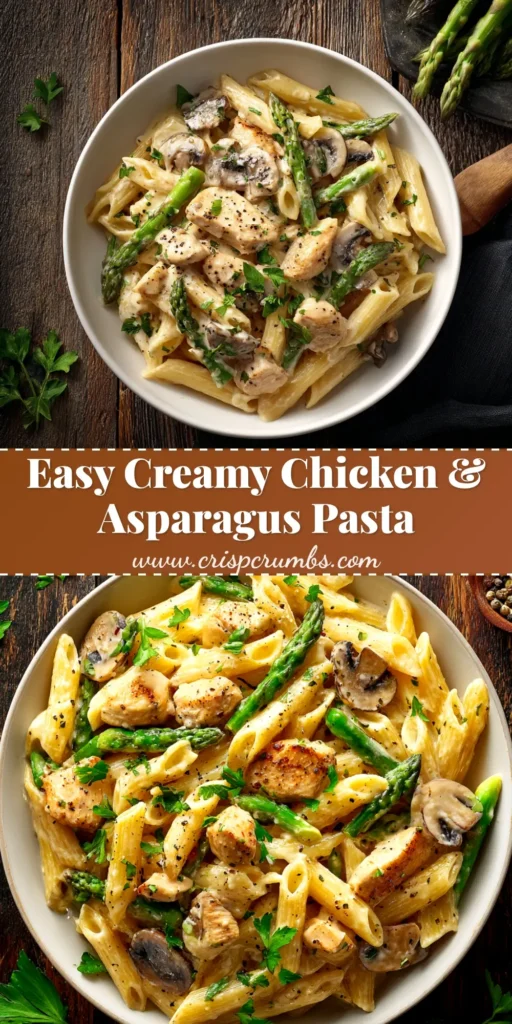 An overhead shot of a white bowl filled with Creamy Chicken Penne, garnished with fresh parsley and grated Parmesan cheese. The pasta is coated in a rich, velvety cream sauce.