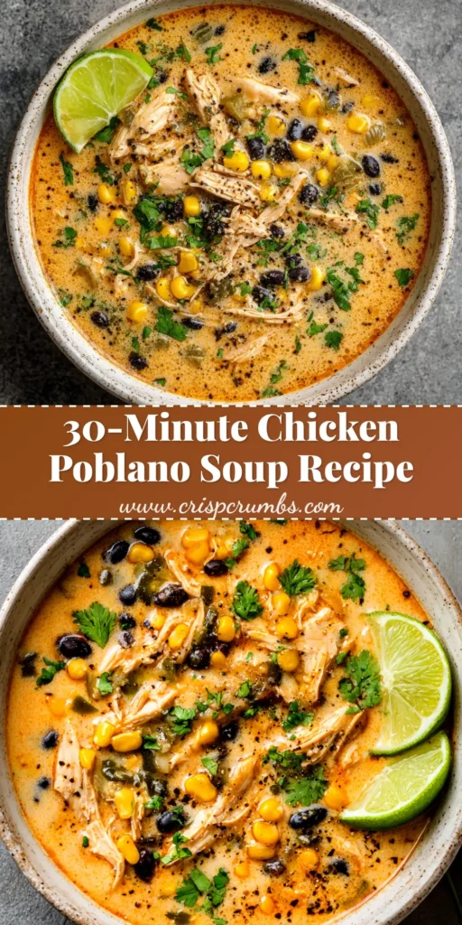 A beautiful bowl of creamy chicken poblano soup, garnished with fresh cilantro, corn, and cotija cheese. The perfect easy and flavorful weeknight dinner recipe.