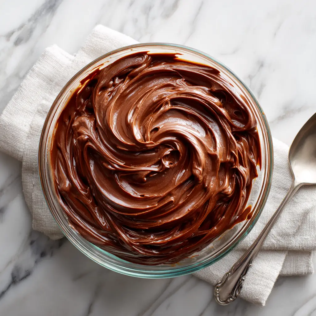 A close-up shot of the creamy chocolate buttercream filling, highlighting its rich color and spreadable consistency for any cake.