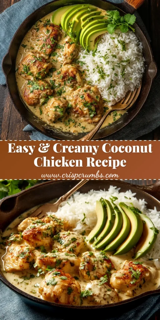 A delicious and easy coconut chicken recipe served in a white bowl over rice, garnished with cilantro. The perfect 30-minute weeknight dinner idea.