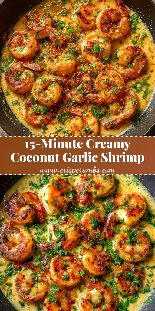 An overhead shot of a skillet filled with Creamy Coconut Shrimp Recipe, garnished with fresh cilantro. The shrimp are coated in a rich, white coconut sauce.