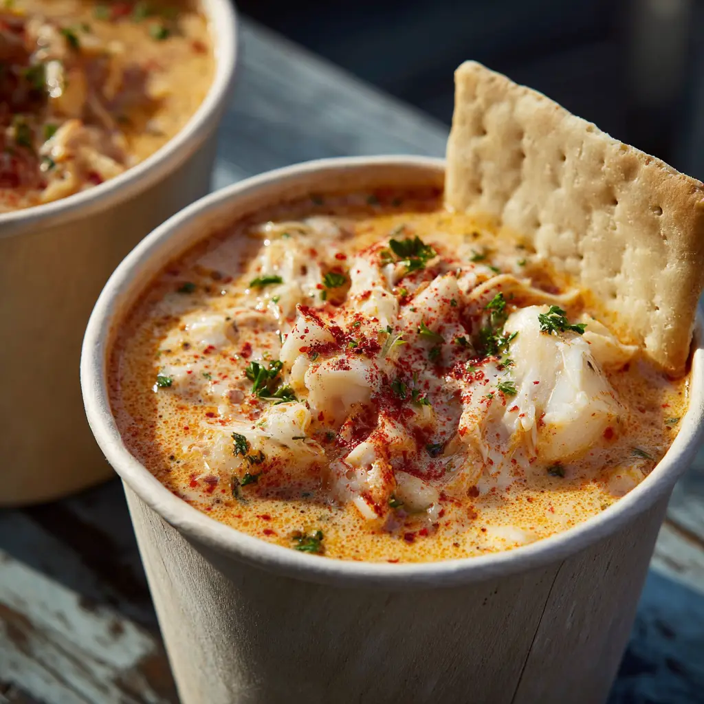 A close-up shot of creamy seafood stew in a rustic bowl, showing the rich texture of the broth and chunks of lump crab meat.