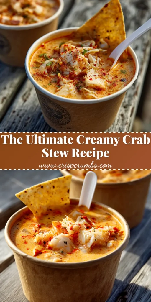 A close-up shot of a rich and creamy crab stew recipe served in a white bowl, garnished with fresh parsley. The perfect comforting seafood meal.