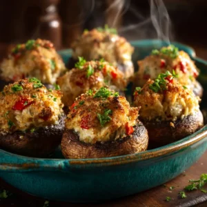 An extreme close-up shot of a single baked stuffed mushroom, highlighting the creamy crab and cream cheese filling inside the tender mushroom cap.