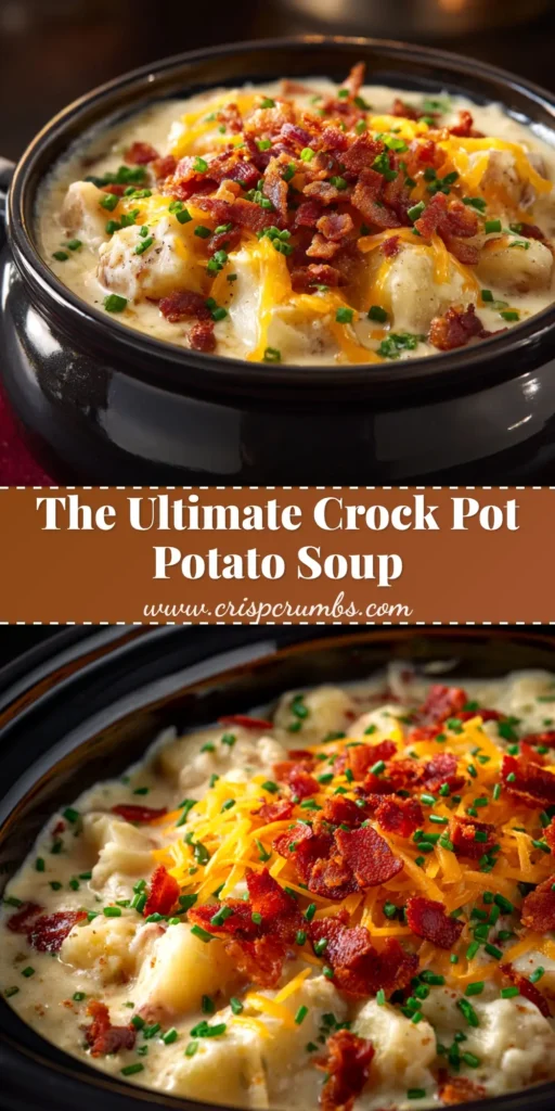 A cozy bowl of creamy Crock Pot Potato Soup, loaded with shredded cheddar cheese, crispy bacon, and fresh green onions. A spoon is resting in the bowl, ready to eat.