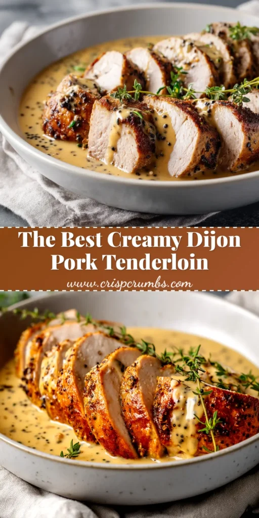 An overhead shot of Creamy Dijon Pork Tenderloin sliced and served in a rustic skillet, garnished with fresh parsley. The perfect easy and juicy recipe.