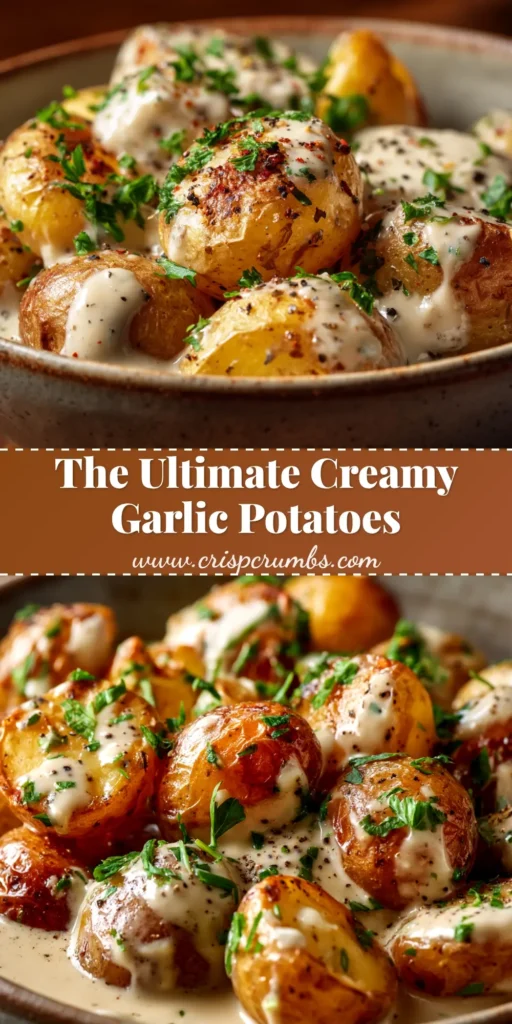 A top-down view of Creamy Garlic Baby Potatoes in a rustic skillet, garnished with fresh parsley. The potatoes are coated in a rich, velvety white sauce.